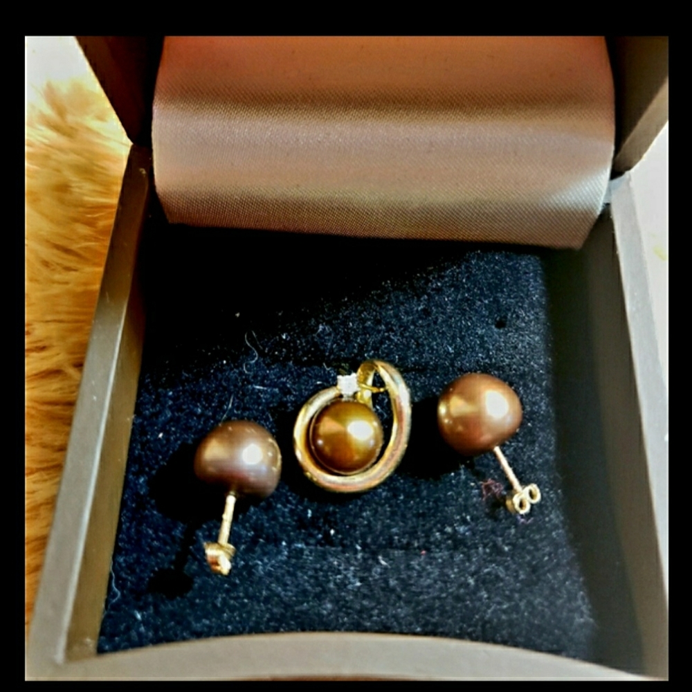 14K SOLID YG 9.7 MM EACH ROUND CHOC TAHITIAN SET - Picture 9 of 11